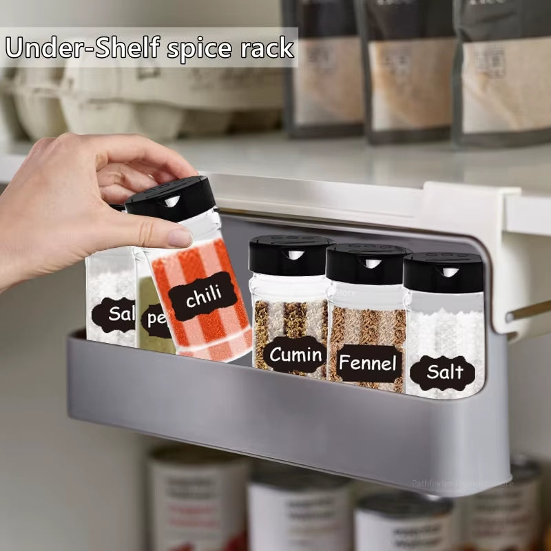 Space-Saving Spice Rack – Self-Adhesive Wall-Mounted Under-Shelf Organizer for Seasoning Bottles