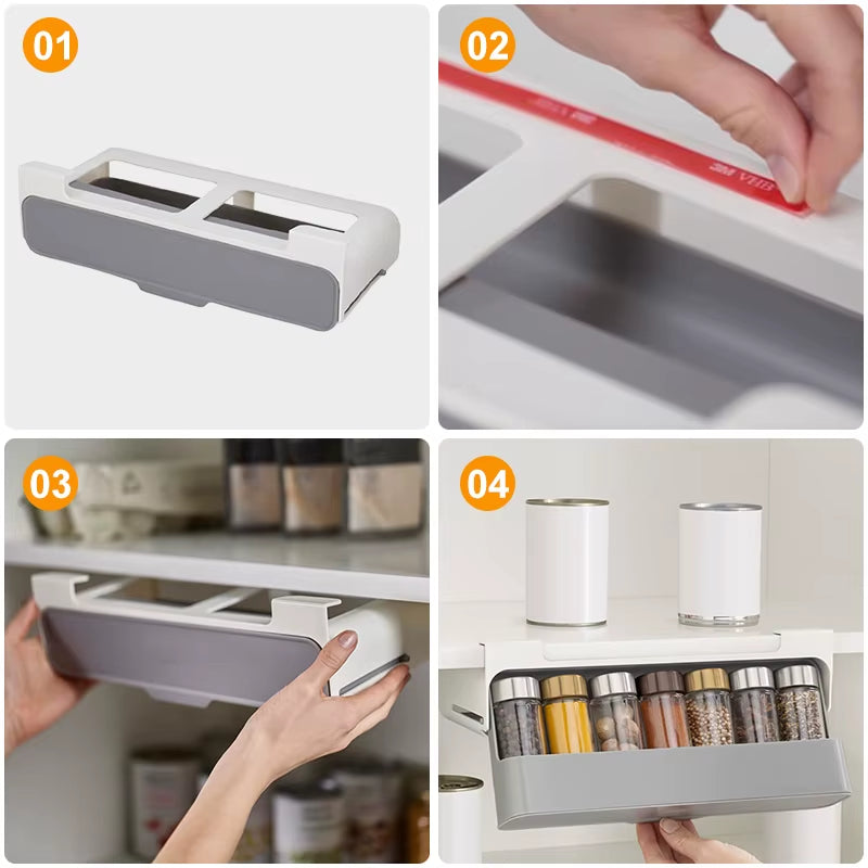 Space-Saving Spice Rack – Self-Adhesive Wall-Mounted Under-Shelf Organizer for Seasoning Bottles